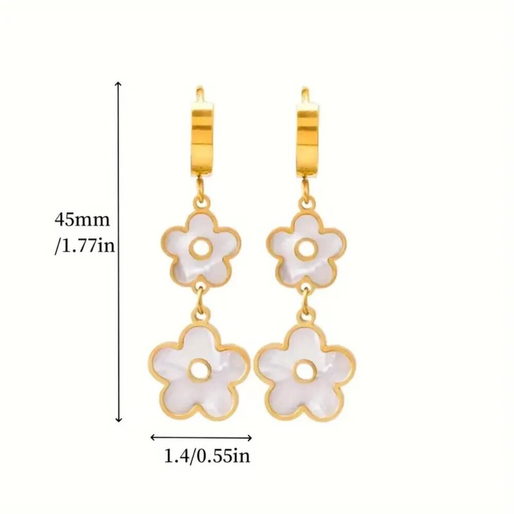 Gold Stainless Steel White Floral Dangle Earrings - Picture 3 of 3